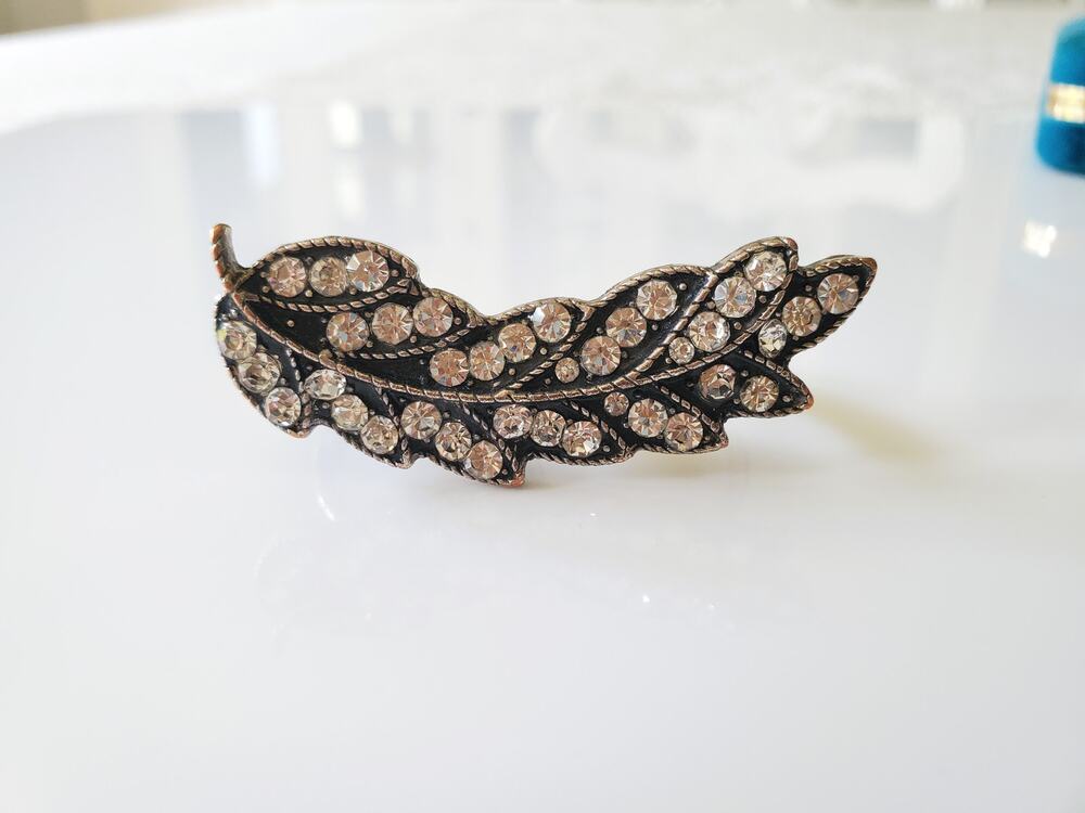 Vintage Rhinestone Silver Leaf Two Finger Ring